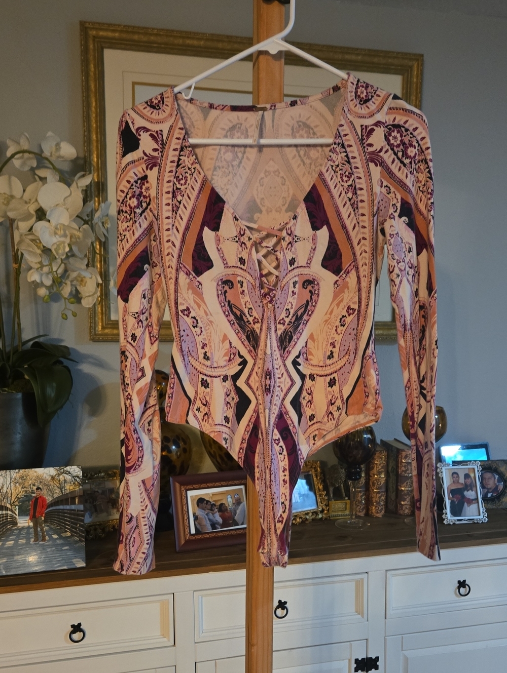 Free People Pink & Purple Paisley Lace-Up Long Sleeve Bodysuit